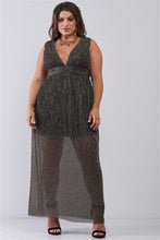Load image into Gallery viewer, Plus Black & Gold V-neck Sleeveless Pleated Fabric Maxi Dress