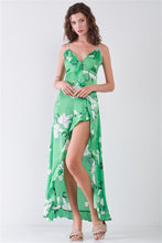 Load image into Gallery viewer, Satin Floral Print Sleeveless V-neck Self-tie Back Ruffle Trim Side Slit Detail Maxi Dress