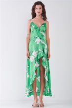 Load image into Gallery viewer, Satin Floral Print Sleeveless V-neck Self-tie Back Ruffle Trim Side Slit Detail Maxi Dress