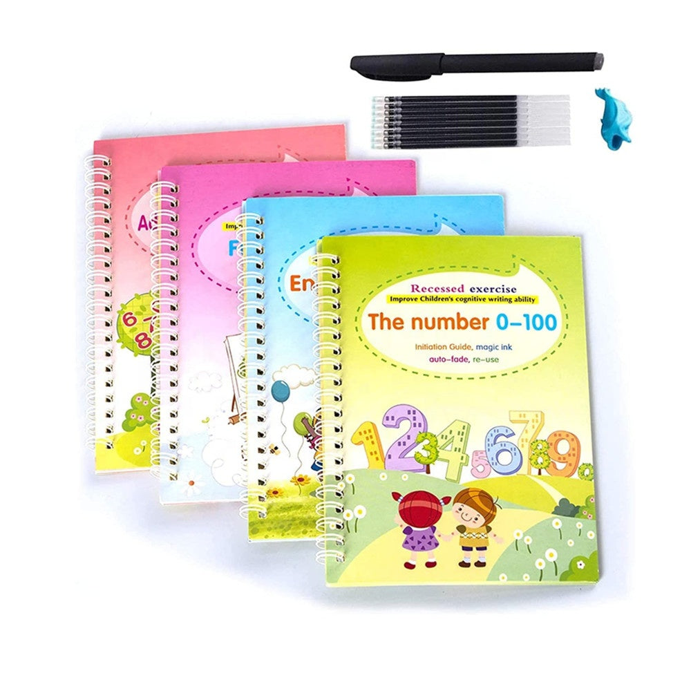 Reusable Handwriting Books Set Magic Practice Copy Books Kindergarten for Kids (4 Book + 1Pen + 8refill), Size: 7.8 x 5.4